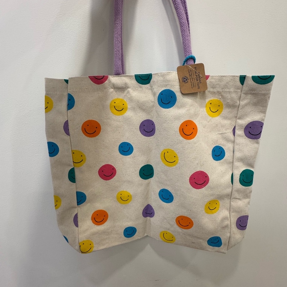 Canvas Smiley Tote Bag with Lavender Handles
